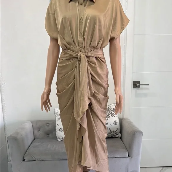 DO+BE | Dresses | Dobe Tan Ruched Tie Front Midi Dress | Poshmark